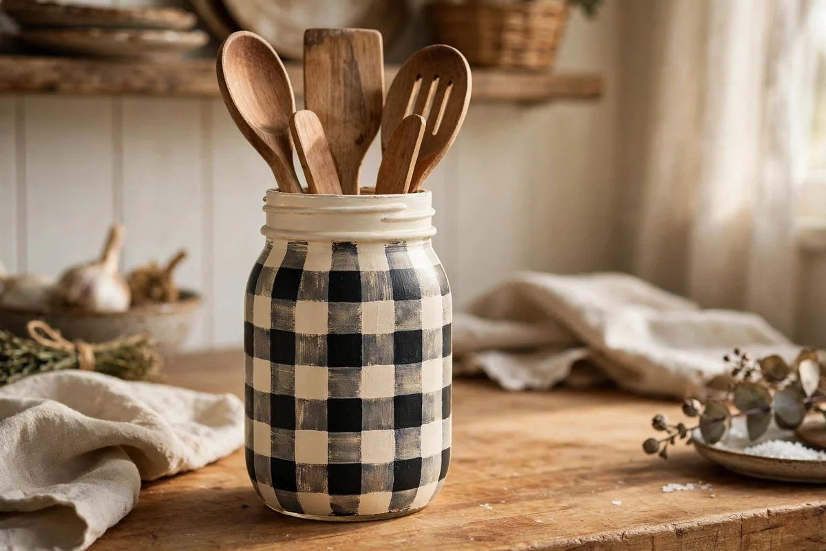 Cream mason jar with large charcoal gingham check pattern holding wooden utensils