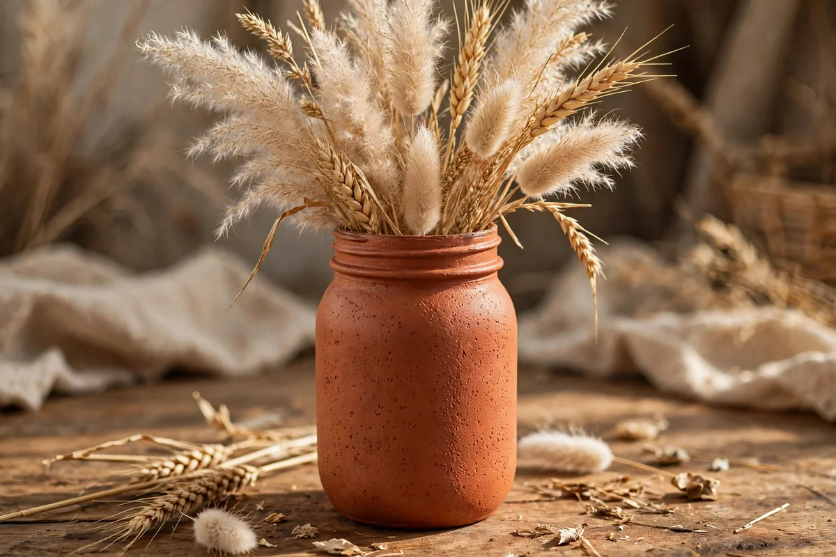 Terracotta painted mason jar with stippled texture filled with pampas grass
