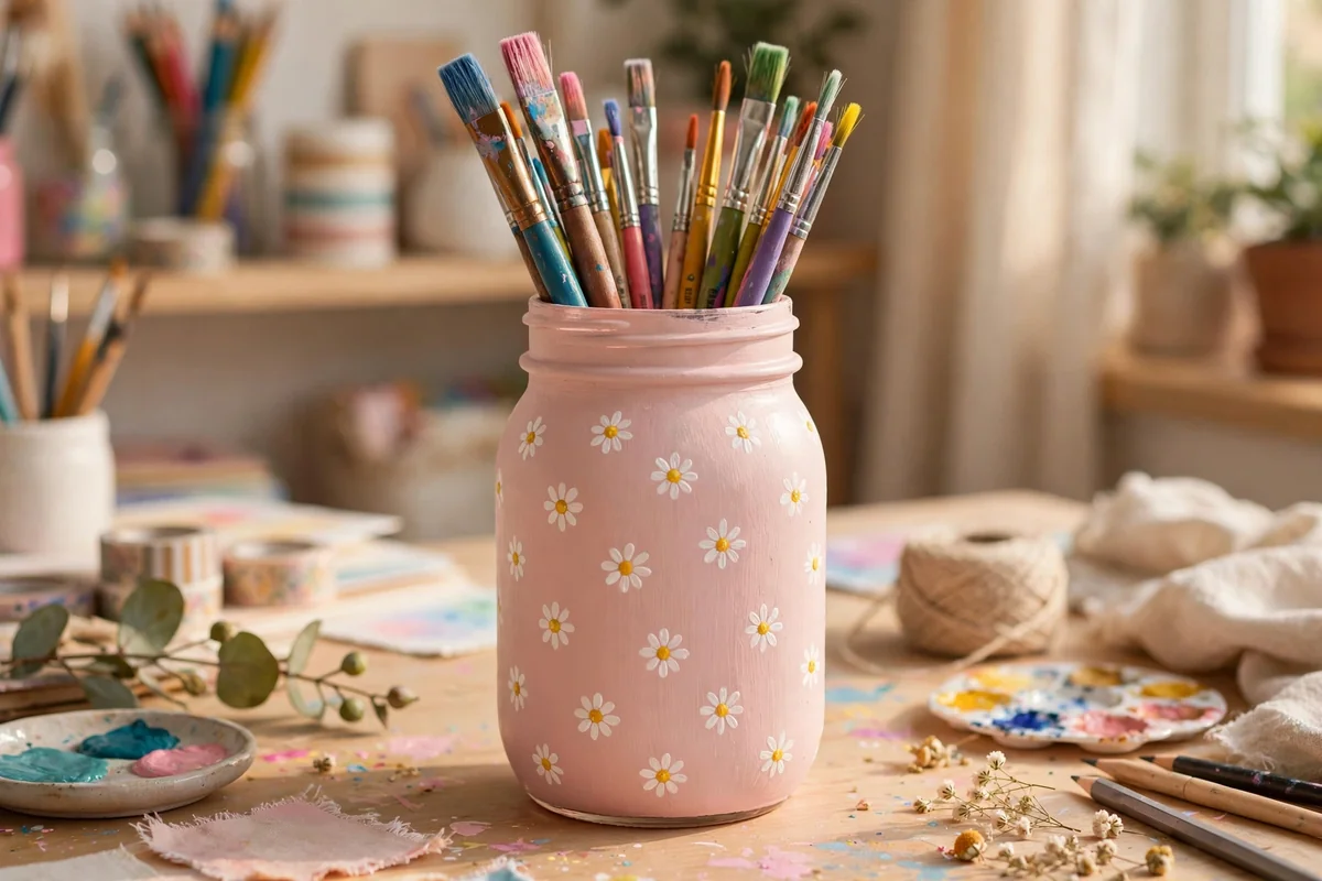 Blush pink mason jar scattered with tiny white hand-painted daisies holding paintbrushes