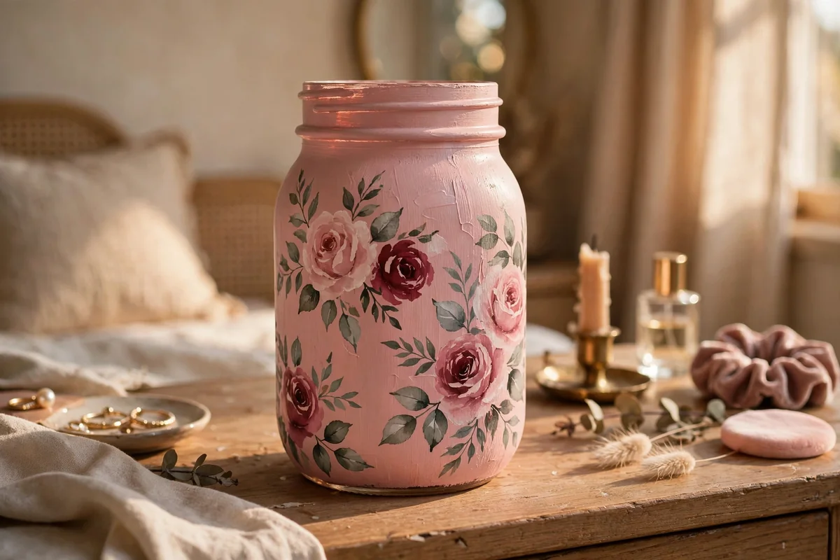 Dusty blush mason jar with hand-painted vintage roses in pink and burgundy