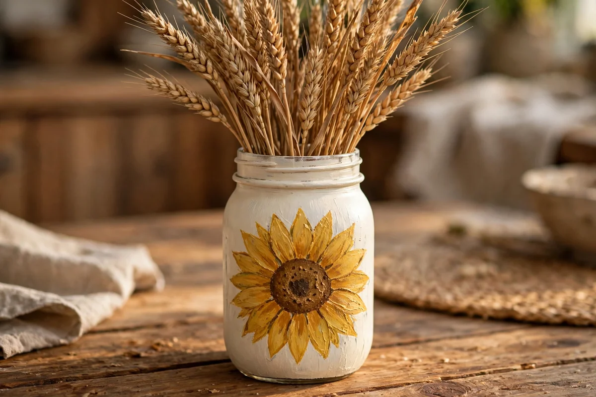Cream mason jar with a large hand-painted sunflower in ochre yellow
