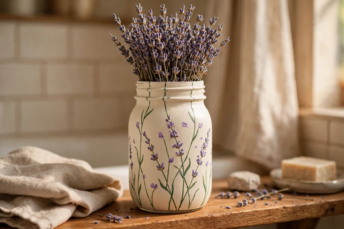 Ivory mason jar with hand-painted lavender sprigs filled with dried lavender