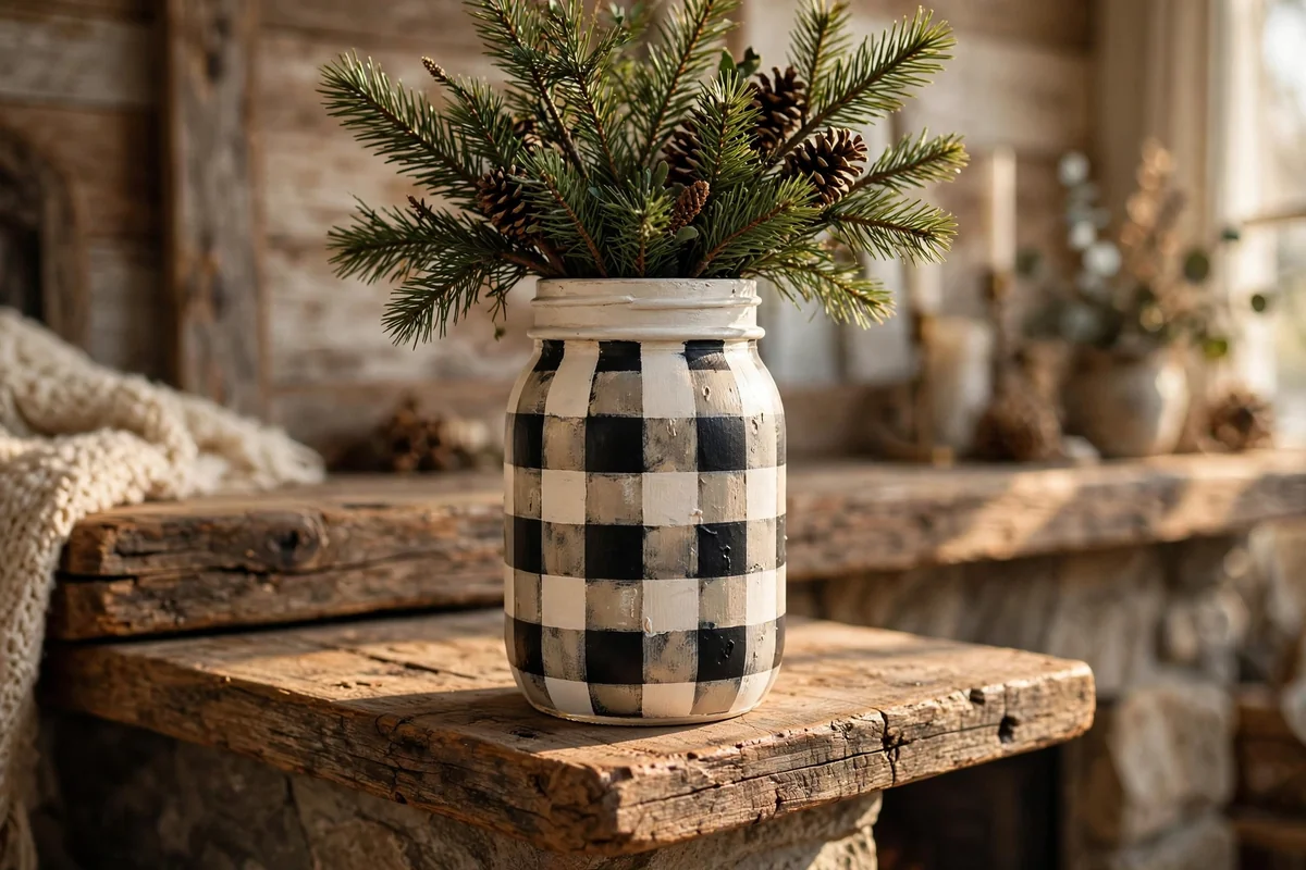 Warm white mason jar with bold black buffalo check pattern filled with pine branches