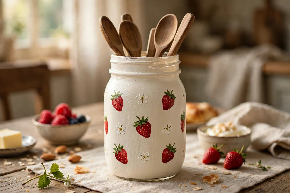 Cream mason jar with tiny hand-painted strawberries holding wooden spoons