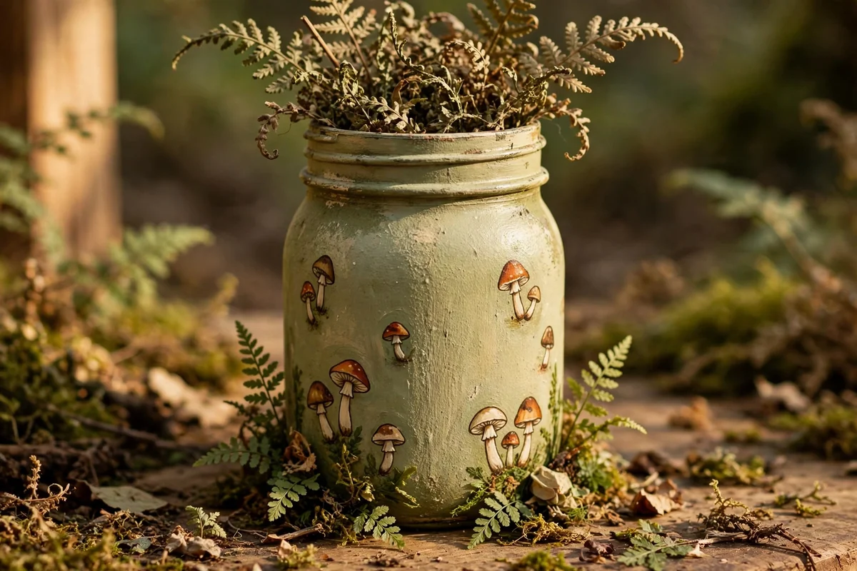 Mossy green mason jar with hand-painted mushrooms and ferns filled with dried ferns