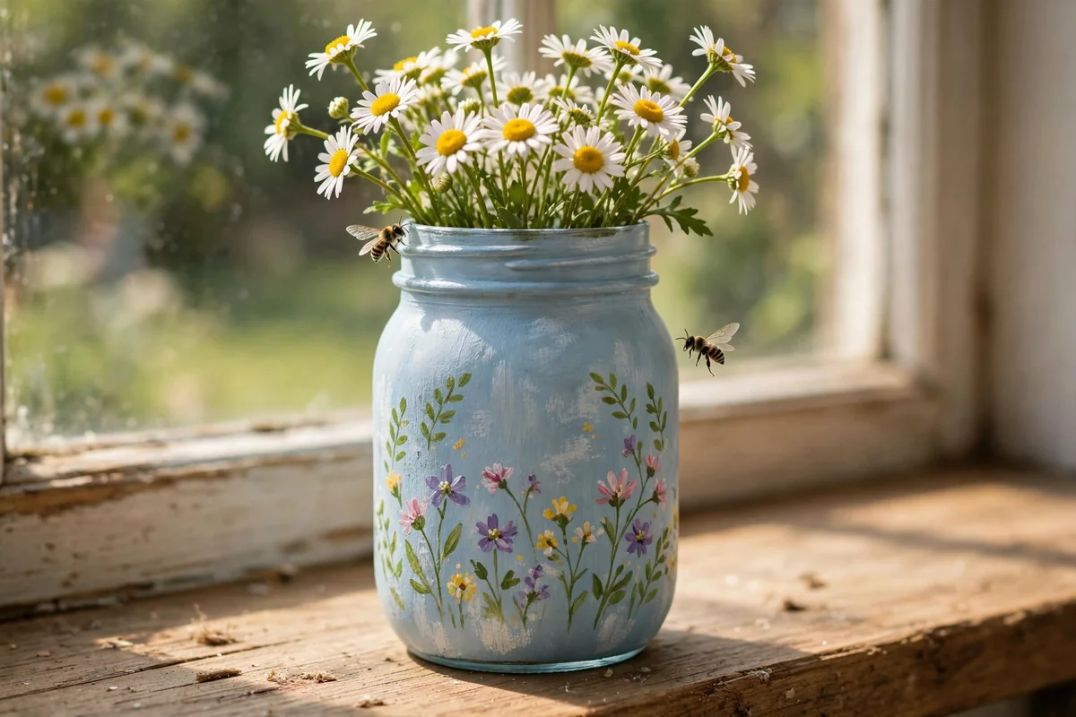 Sky blue mason jar with hand-painted wildflowers and tiny bees holding daisies