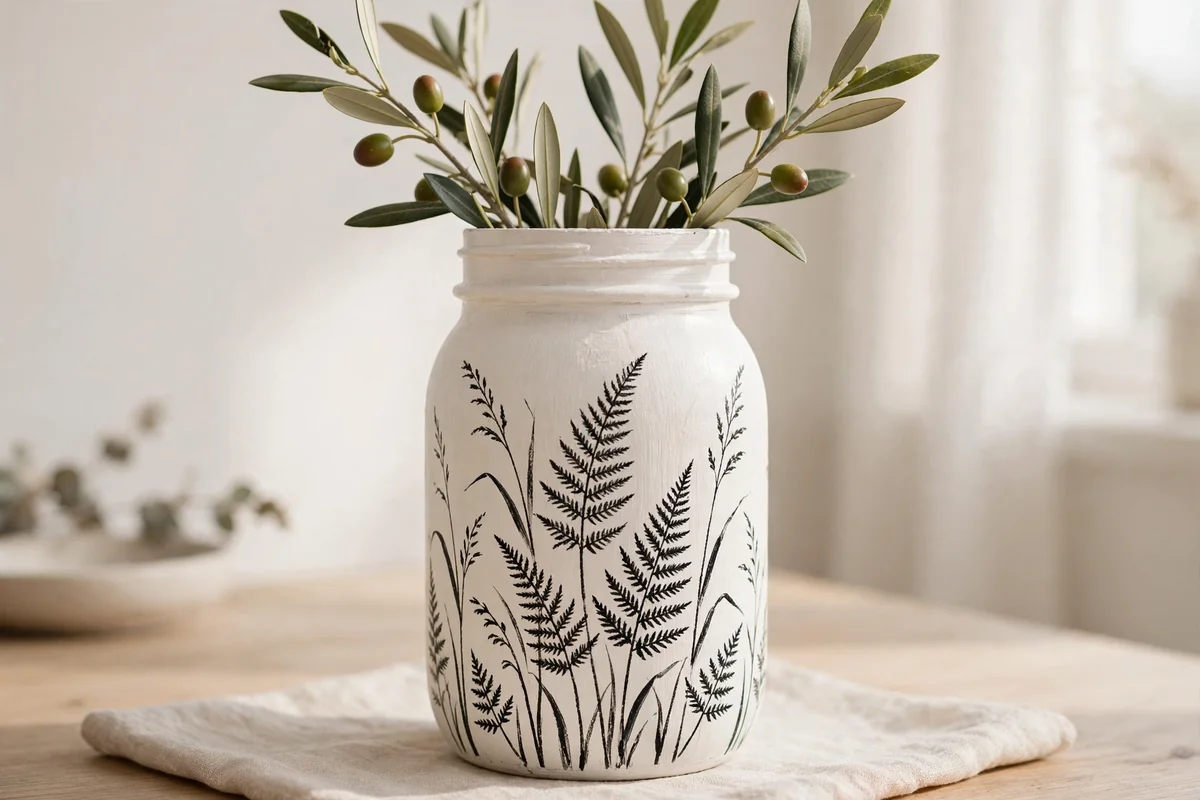 Warm white mason jar with charcoal botanical silhouettes holding olive branches