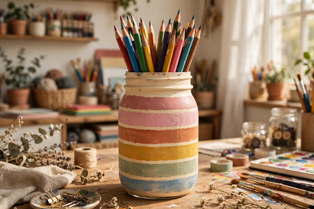 Cream mason jar with muted rainbow arches in dusty pastels holding pencils