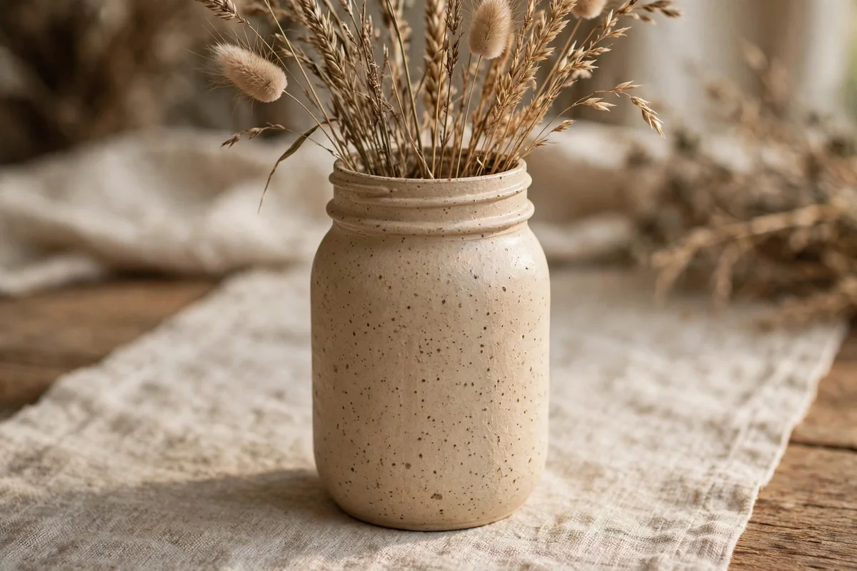 Putty beige mason jar with speckled stone effect filled with dried grasses