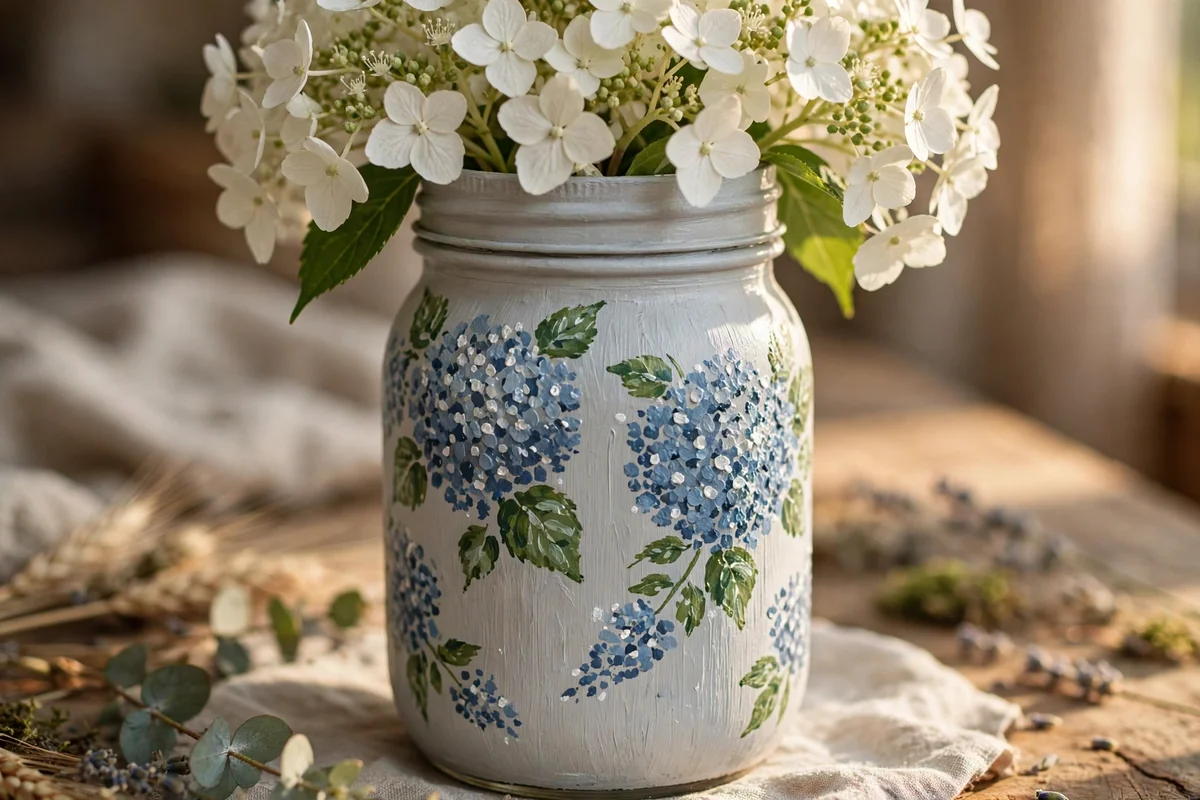 Pale gray mason jar with dusty blue hydrangea clusters and white highlights