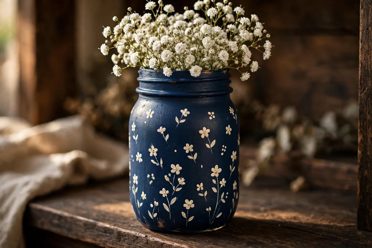 Deep navy mason jar with cream wildflower dabs filled with baby's breath