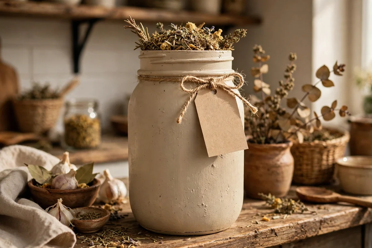 Oatmeal beige mason jar with a blank kraft tag tied with twine filled with dried herbs