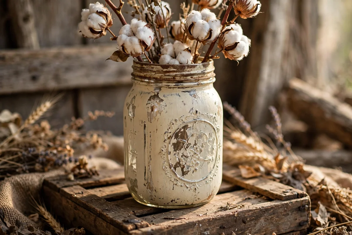Weathered cream mason jar with embossed lettering showing through worn paint