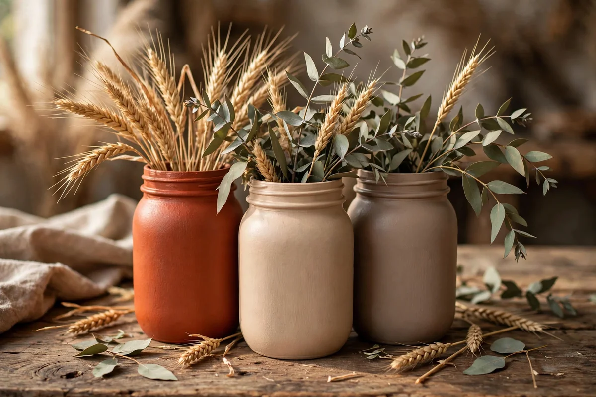 Three mason jars in terracotta, sand, and taupe with wheat and eucalyptus