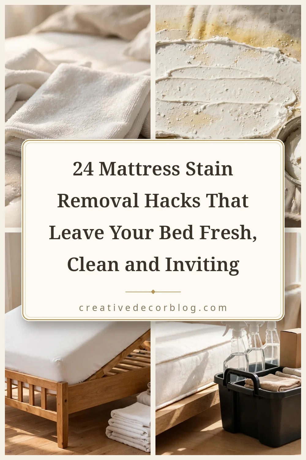 Pinterest pin collage for 24 mattress stain removal hacks with title on a cream background