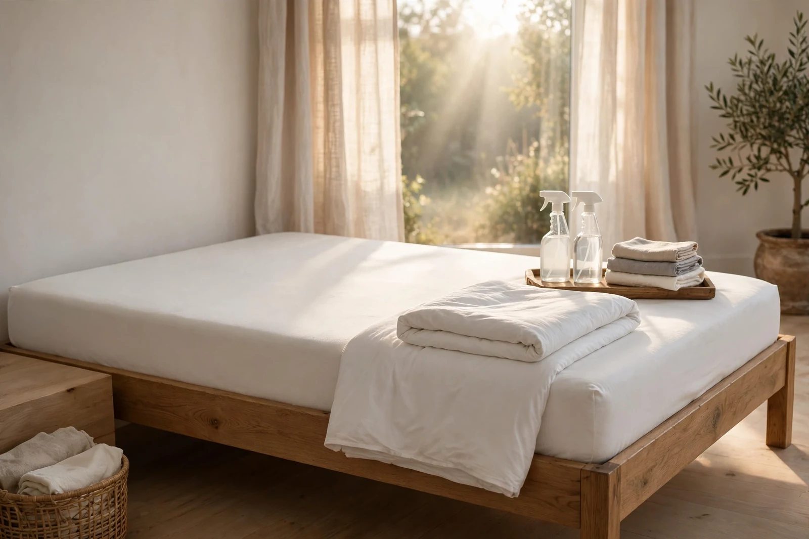 Bright bedroom with a freshly cleaned mattress and cleaning supplies on a tray