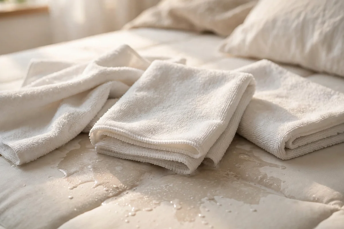 Microfiber cloths blotting a fresh spill on a mattress