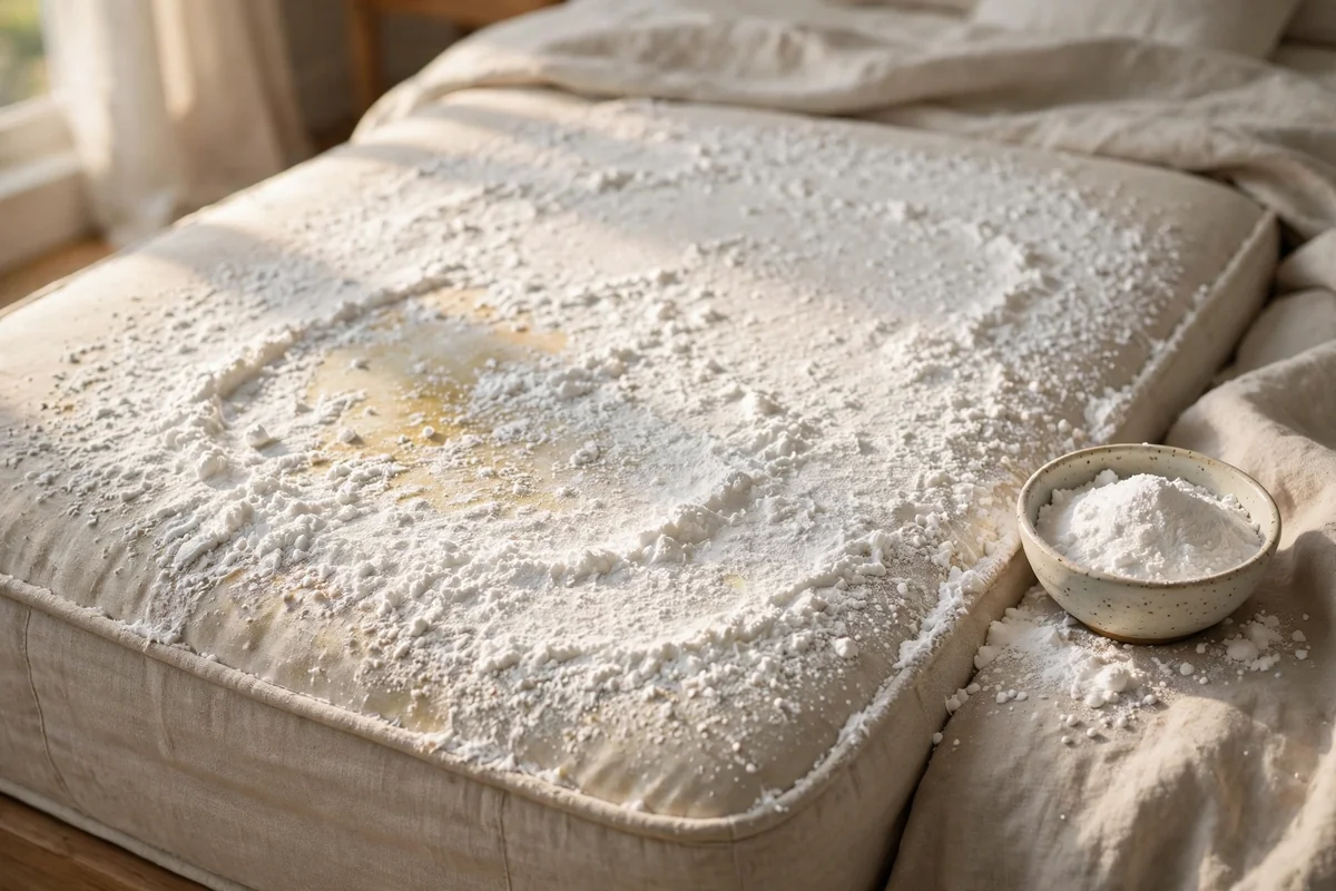 Mattress covered with a blanket of baking soda over a stain