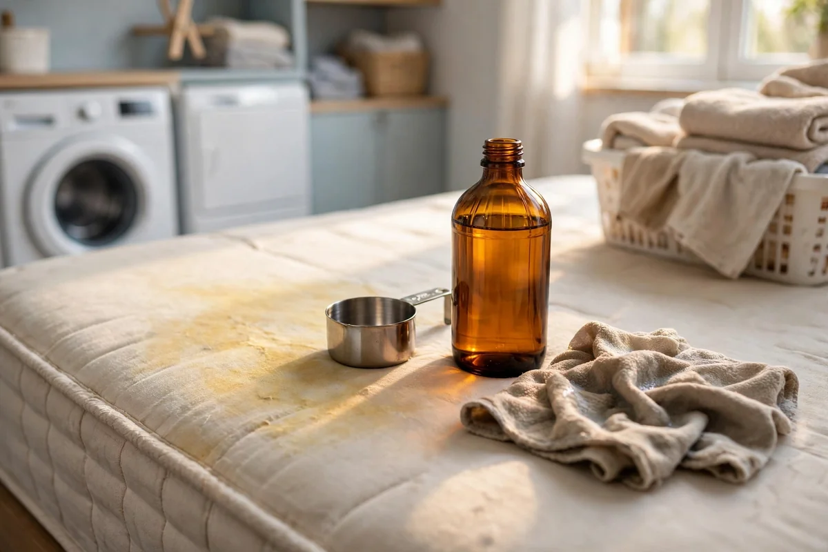 Amber bottle and measuring cup beside a yellowed mattress area