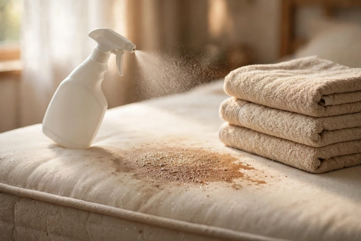 Spray bottle misting an organic stain on a mattress