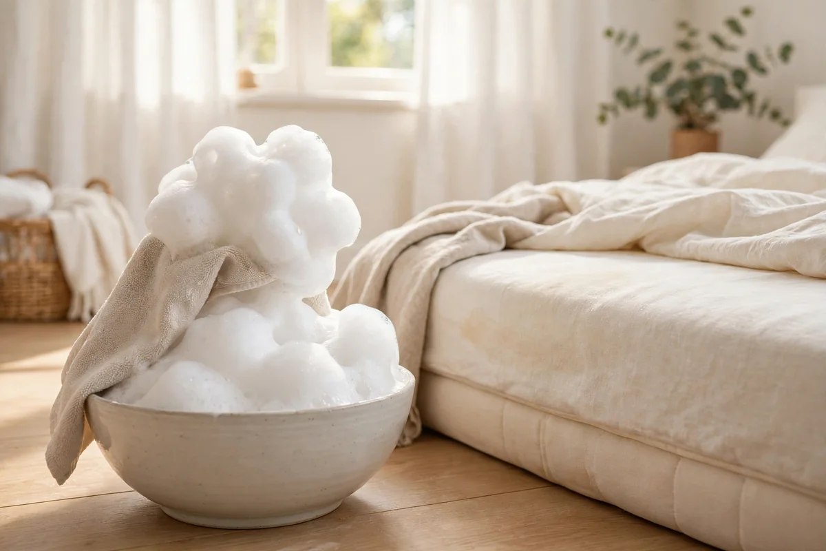 Bowl of whipped dish soap foam beside a mattress with a light mark