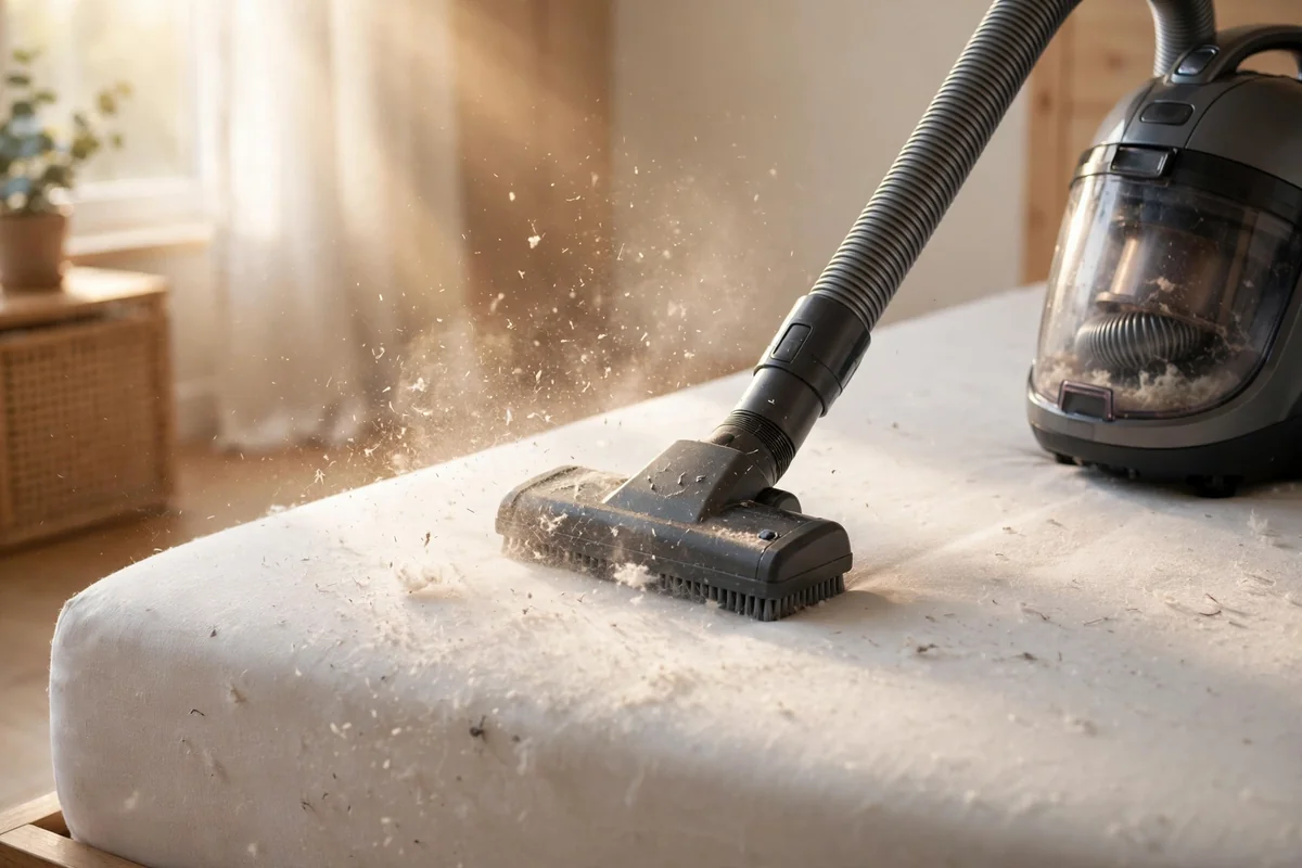 Vacuum with upholstery attachment cleaning a mattress surface