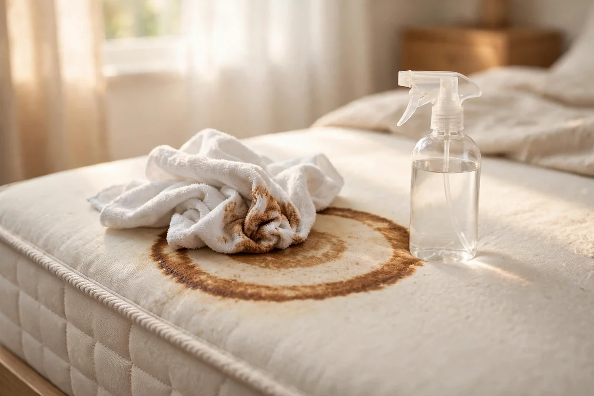 Cloth blotting a coffee ring stain on a mattress