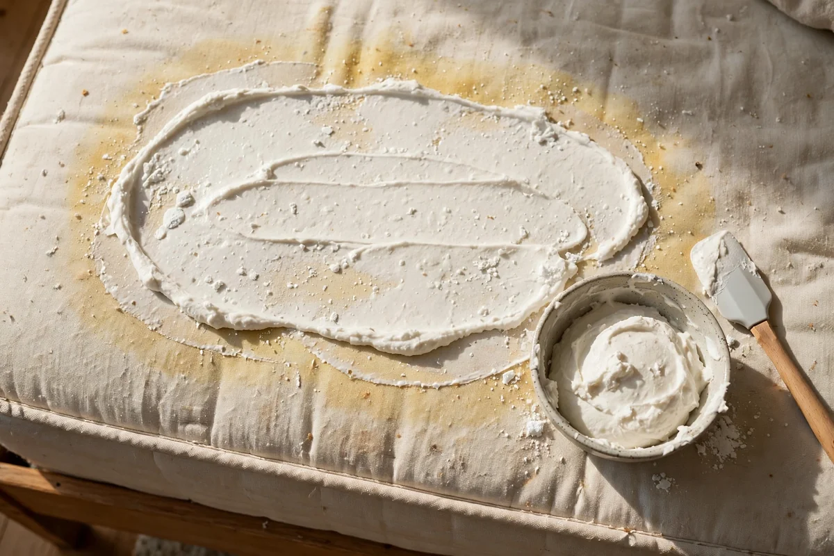 Baking soda paste spread over a yellowed mattress area