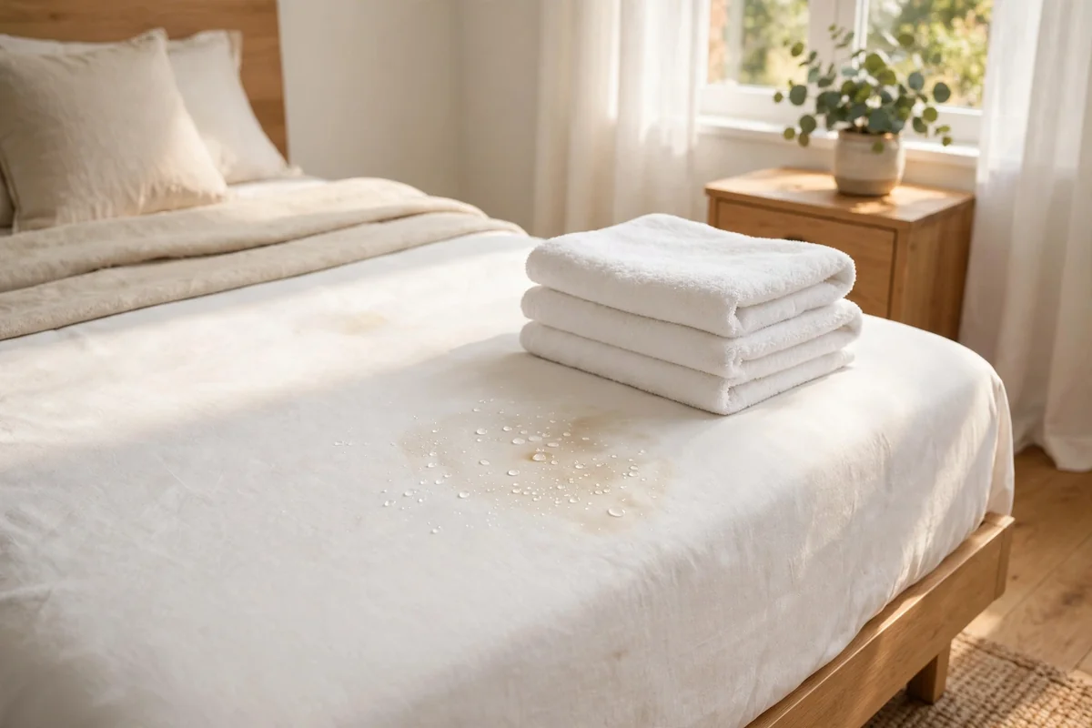 Cleaning liquid applied sparingly to a fresh mattress stain with dry towels