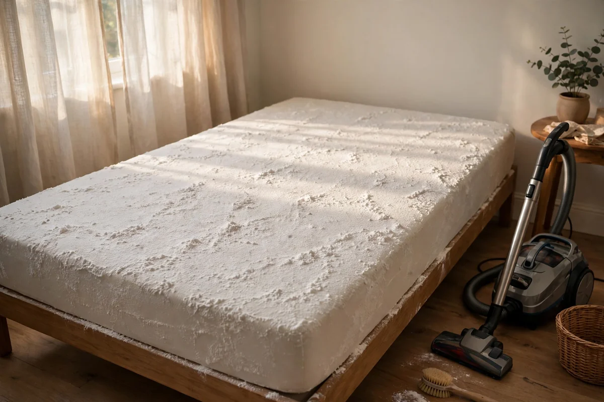 Entire mattress covered in an even layer of baking soda overnight