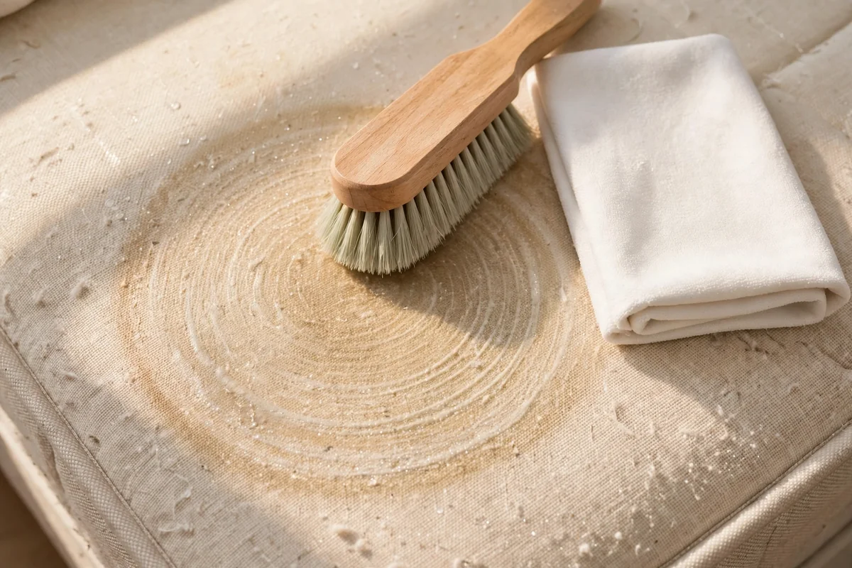Soft-bristled brush resting on a mattress stain