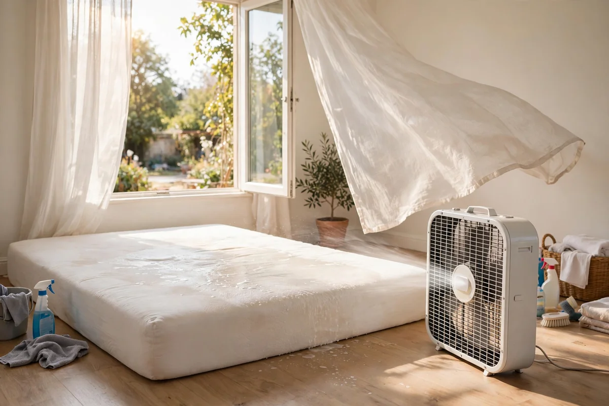 Box fan blowing air across a mattress near an open window