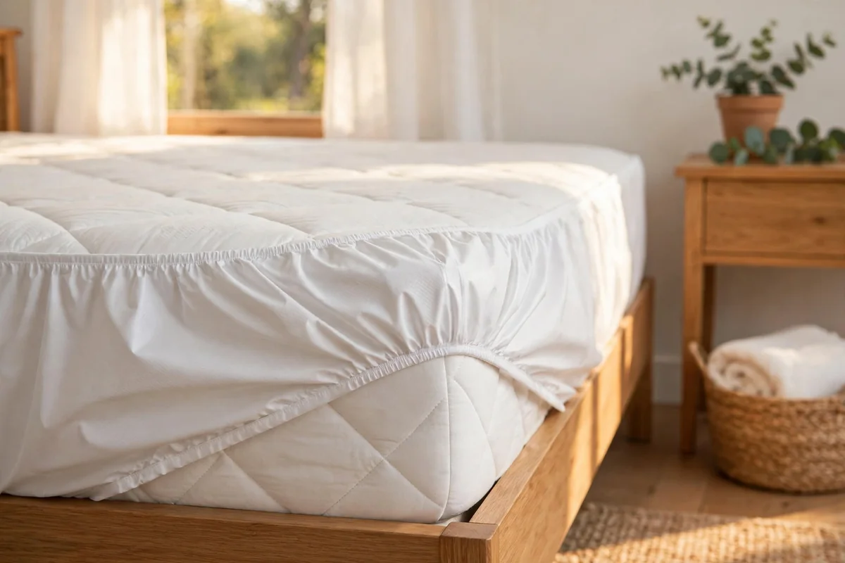 Fresh waterproof mattress protector being fitted on a clean mattress
