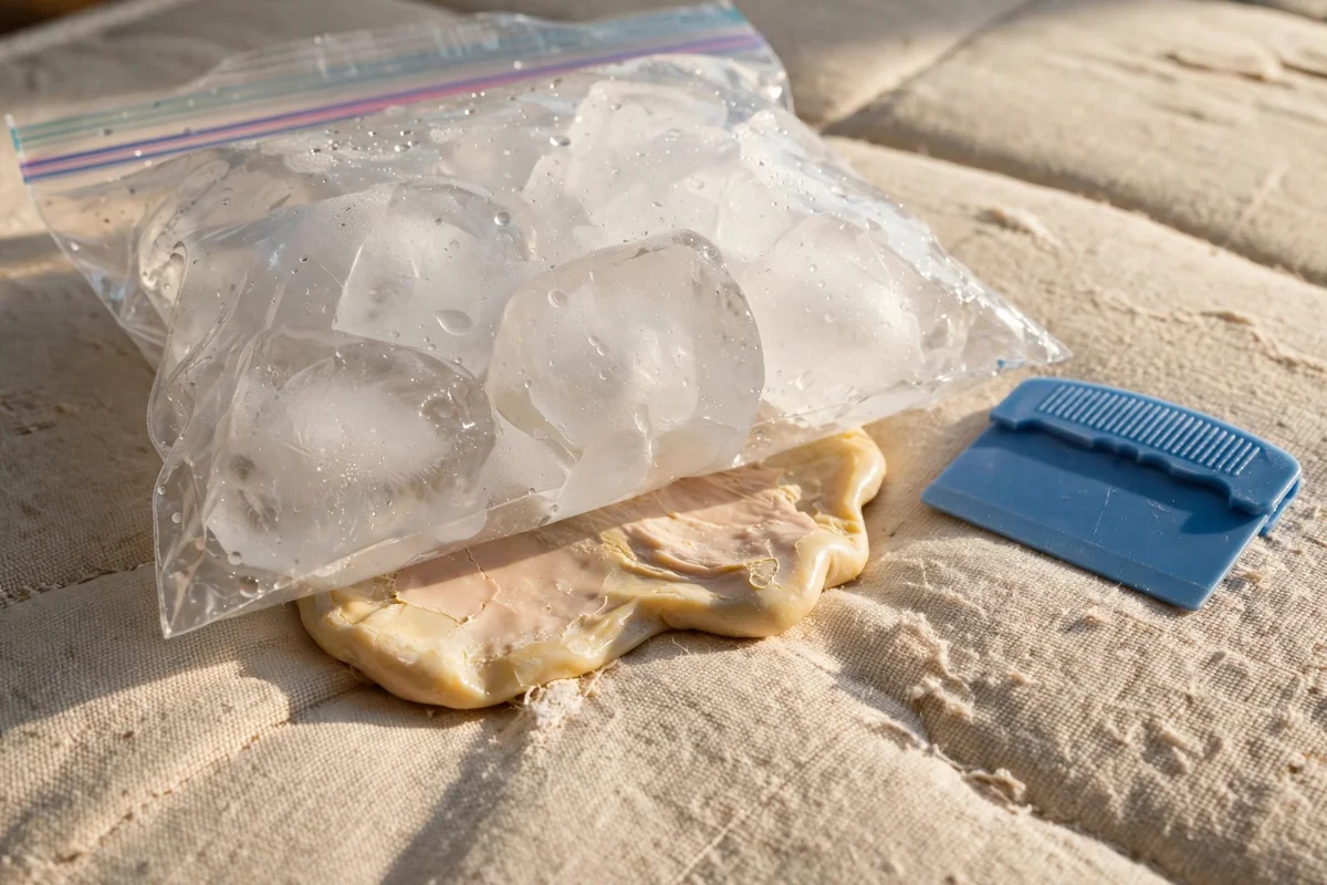 Bag of ice cubes resting on gum stuck to mattress fabric