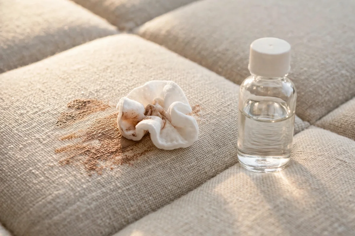 Cotton pad dabbing a makeup smudge on a mattress