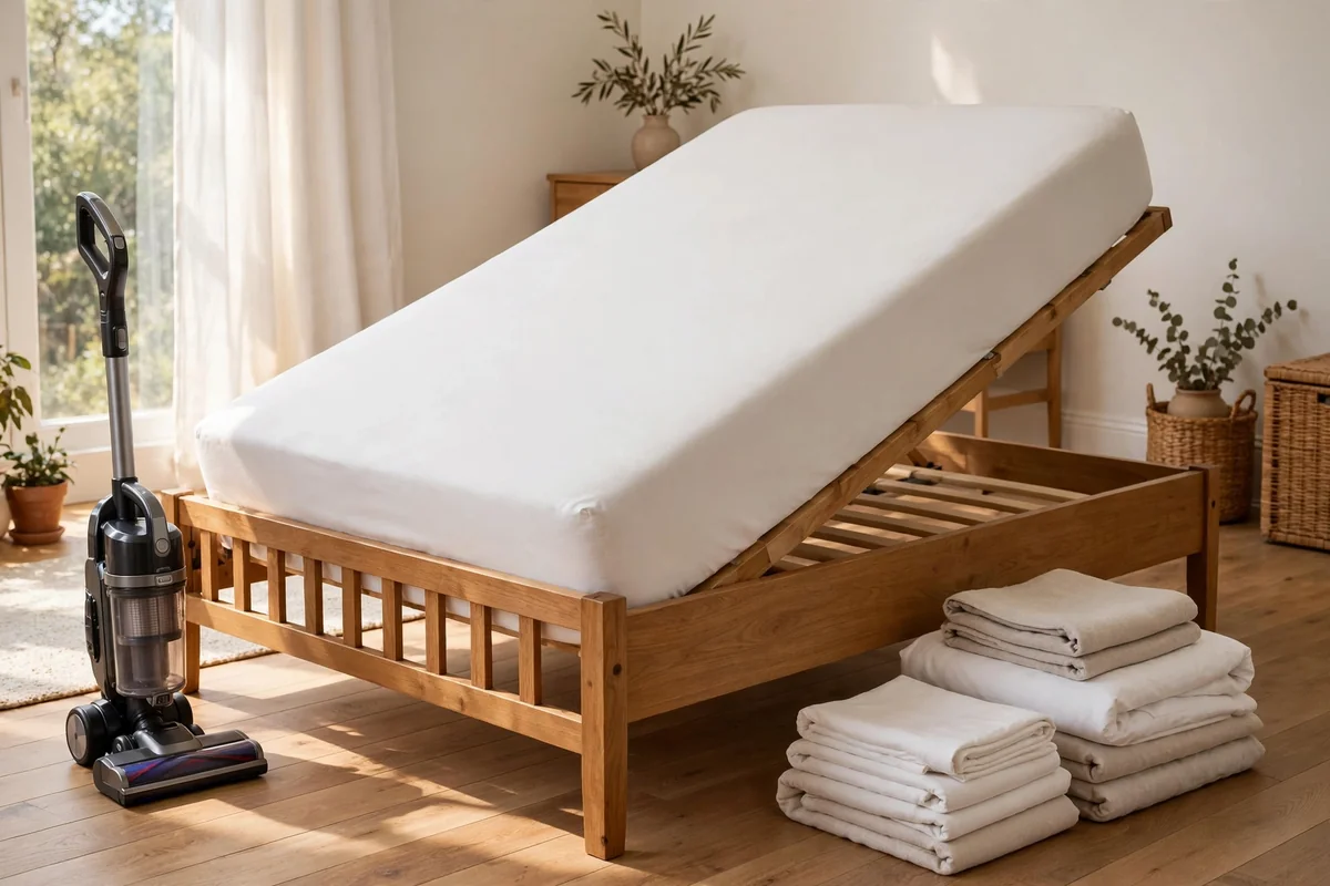 Bare mattress rotated on a wooden bed frame in a bright bedroom