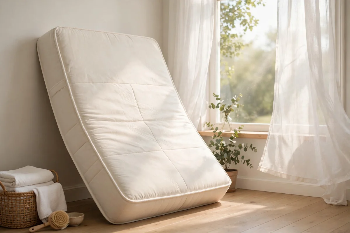 Clean mattress near a bright window with indirect sunlight