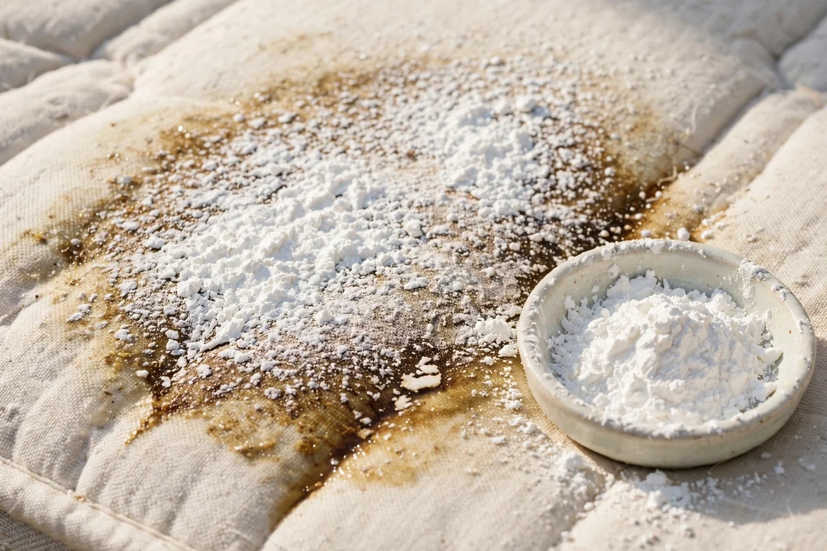 Cornstarch powder sprinkled over a greasy stain on a mattress