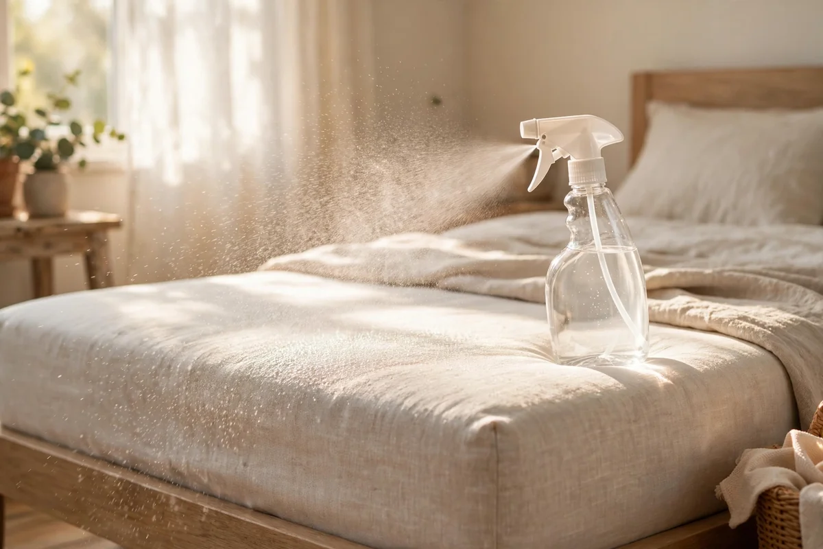 Fine vinegar mist over a mattress surface from a spray bottle