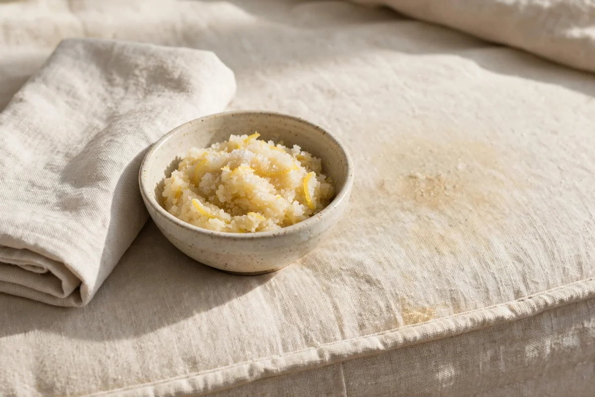 Bowl of salt and lemon paste with a cloth near a mattress spot