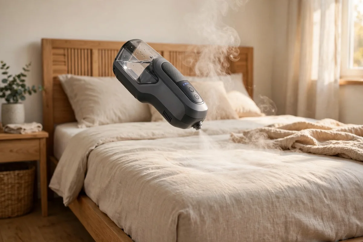 Handheld steam cleaner hovering above a mattress surface