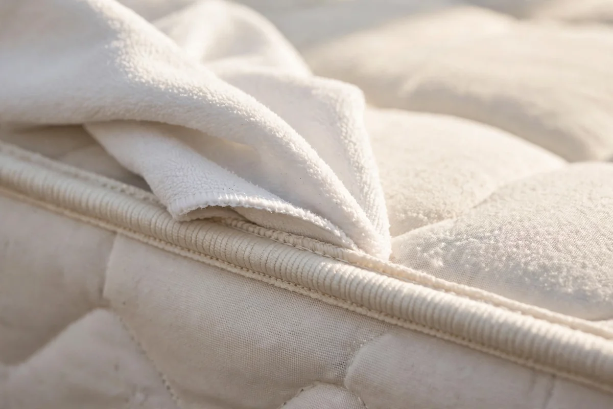 Soft cloth cleaning the piped seam edge of a mattress