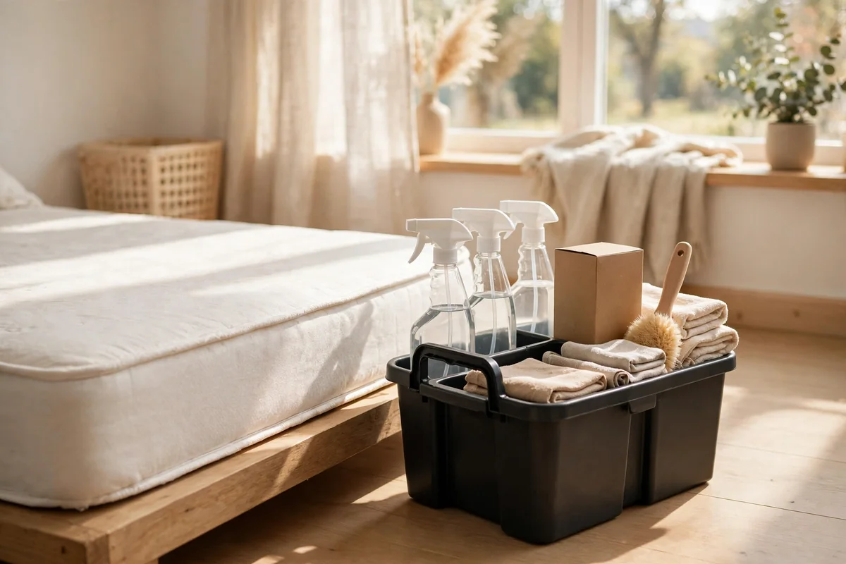 Seasonal cleaning caddy beside a stripped mattress in a bright bedroom