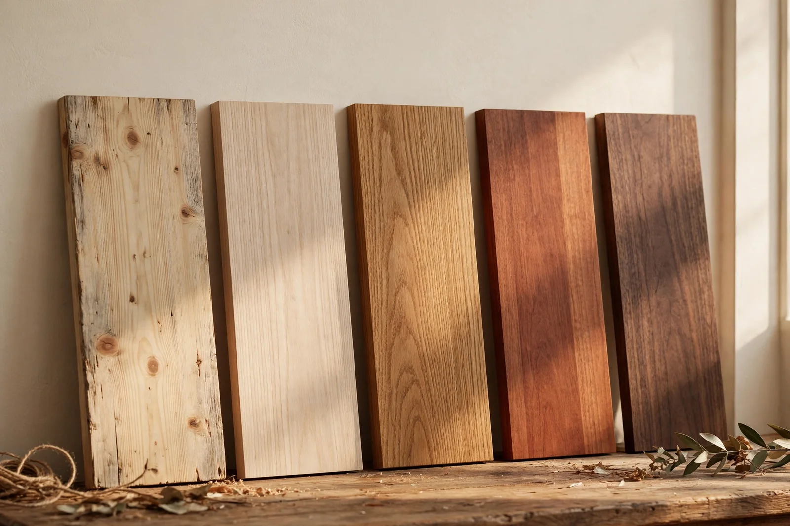 Still life of mixed wood samples in warm daylight