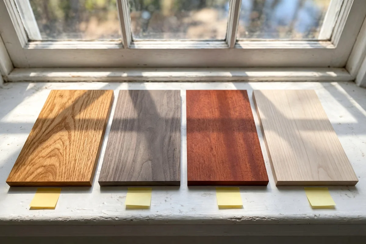 Wood samples held at a bright window in daylight showing warm and cool undertones