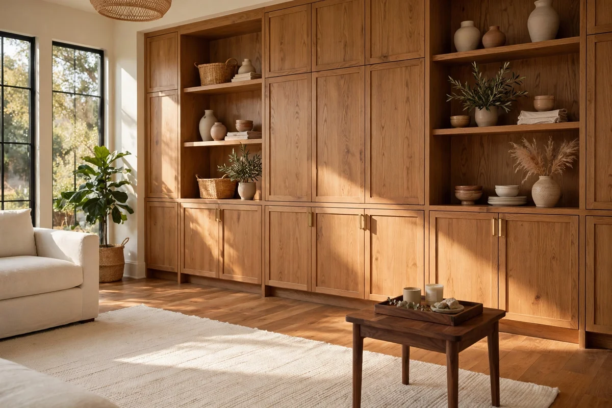 Living room where oak flooring and oak cabinetry dominate with smaller walnut accents