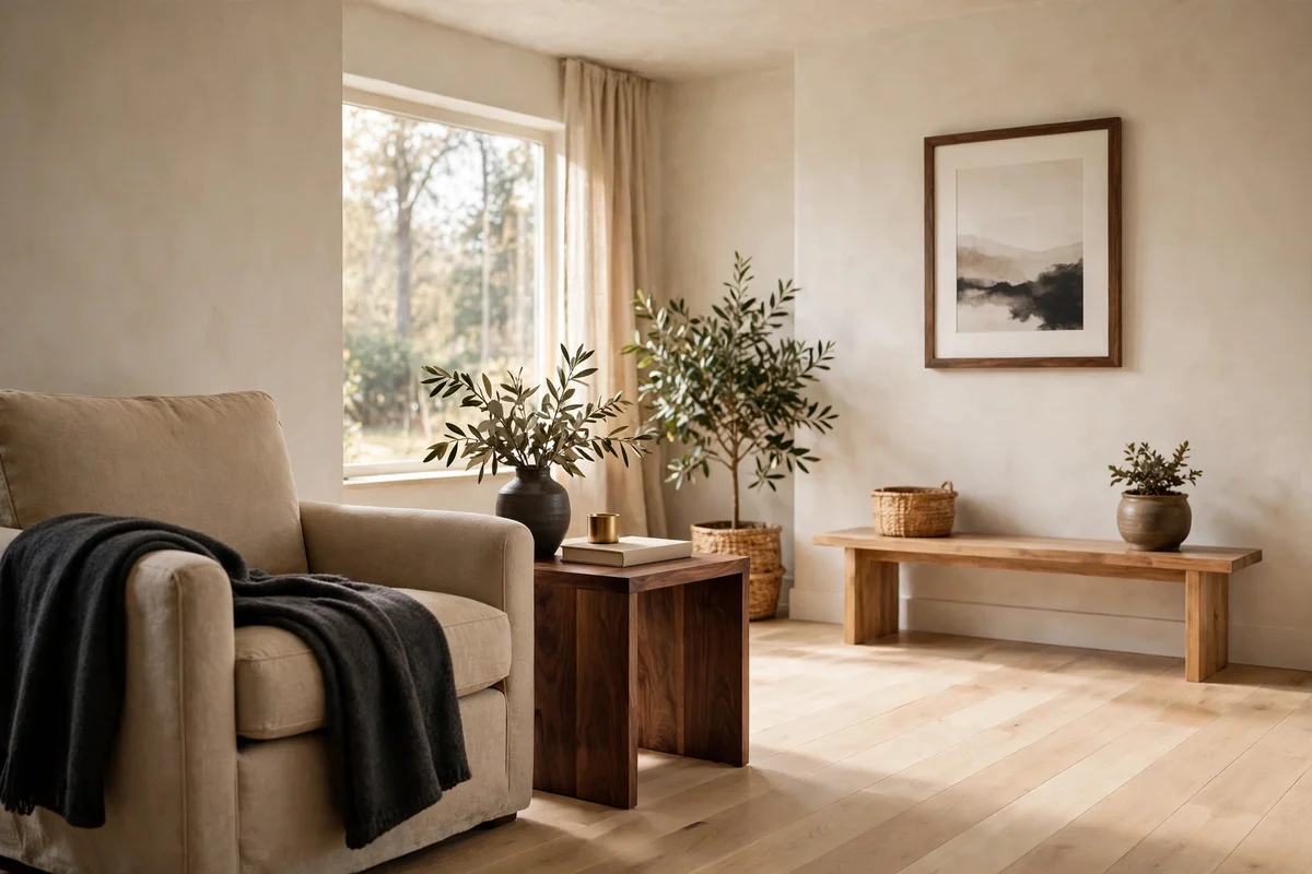 Two walnut pieces placed across a living room showing repeated wood tone