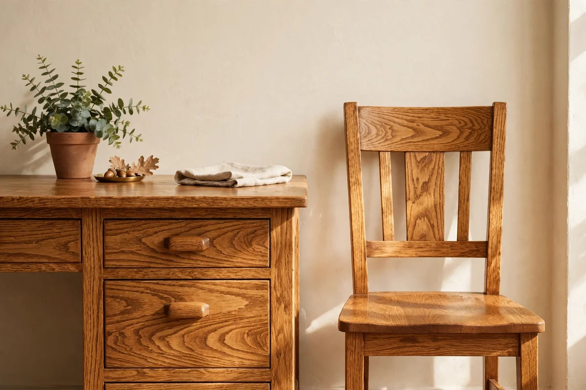Close view of oak furniture with similar bold grain patterns side by side