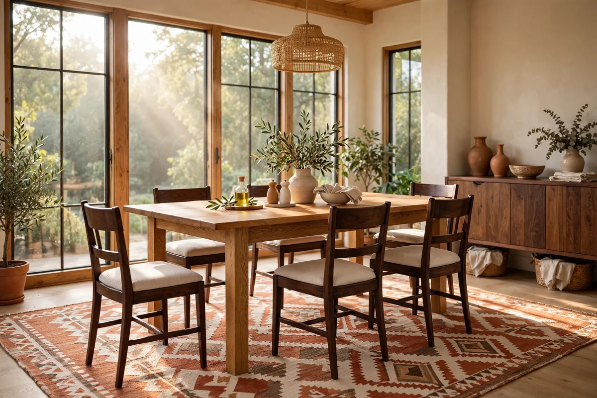 Flatweave rug under a dining set bridging honey oak and dark walnut tones