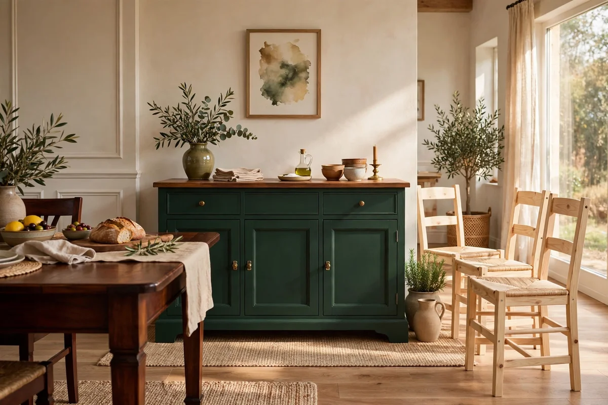 Green painted sideboard standing between a mahogany table and pine chairs